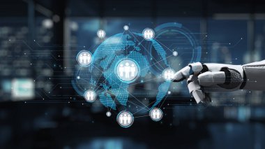 A high-tech robotic hand interacts with a digital network, showcasing global connections and communication in a modern business environment, symbolizing innovation and technology. Auvana