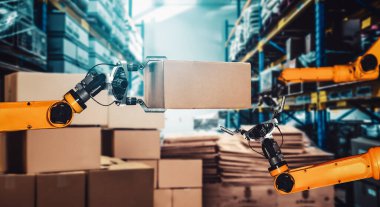 Yenilikçi depo ve fabrika dijital teknolojisi için akıllı robot kol sistemi. İnternet ağına bağlı IOT yazılımı kullanarak endüstri mühendisliği tarafından kontrol edilen otomasyon üretim robotu .