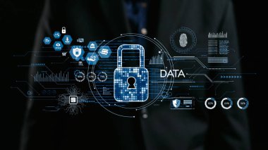 Kilit simgeleri ve teknoloji grafiklerinin yer aldığı dijital veri korumasını gösteren görsel bir sunum. Bu resim siber güvenliği ve bilginin korunmasını sembolize ediyor. Dörtgen