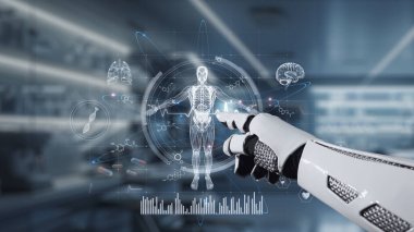 İnsan anatomisini gösteren ve bulanık laboratuvar geçmişine sahip robot el işaretlerini kapat. Robot el, tıbbi verileri teşhis semptomlarına bağlamak için x ray gösterge paneline tıklıyor. Sağlıklı..