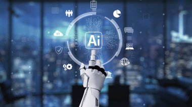 A robotic hand reaches toward a glowing artificial intelligence interface, showcasing cutting-edge technology and digital icons in a sleek office environment. Auvana