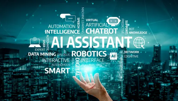 Innovative AI Assistant Concept Showcasing Robotics, Virtual Intelligence, Automation, and Chatbot Technology in a Digital City Background. Tessel.