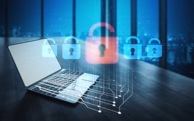 Siber güvenlik ihlalini gösteren dijital güvenlik kavramı, güvenlik sistemleri arasında veriye maruz kaldığını belirten kırmızı bir asma kilit, sistem savunmasızlığını ve risk kefaretini vurguluyor