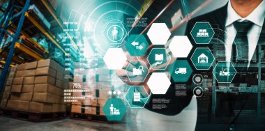 Paket toplama ve teslimatı tanımlamak için teknolojinin yenilikçi interneti olan akıllı depo yönetim sistemi. Gelecekteki tedarik zinciri ve lojistik ağ işi kavramı .