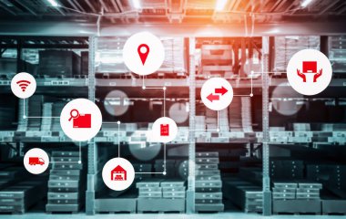 Paket toplama ve teslimatı tanımlamak için teknolojinin yenilikçi interneti olan akıllı depo yönetim sistemi. Gelecekteki tedarik zinciri ve lojistik ağ işi kavramı .