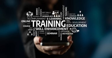 A creative illustration featuring a hand presenting a smartphone surrounded by key concepts of training and education, emphasizing the importance of skill development. Tessel