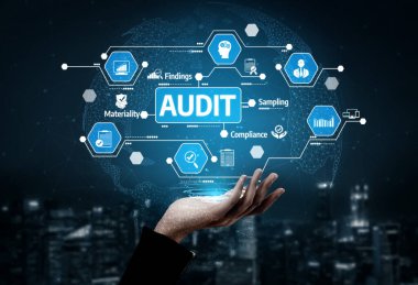 Visual representation of the audit process featuring digital icons and elements showcasing findings, compliance, and interactive technology, set against a cityscape backdrop. Tessel