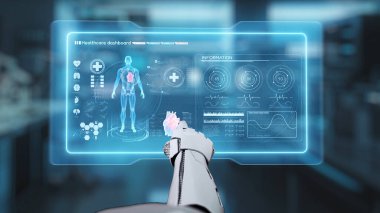 İnsan anatomisine tıklayarak tıbbi verilere ya da teşhislere ulaşın. Semptomu analiz ederken X ışını hologramında robot el kontrolü. Sağlıklı..