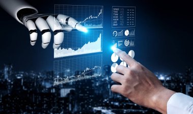 A robotic hand interacts with a human touch on a futuristic interface displaying data charts and analytics, symbolizing the fusion of technology and human decision-making. Impute