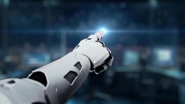 A close-up of a futuristic robot hand pointing at a digital interface showcasing marketing strategy. This high-tech setting emphasizes innovation and data-driven decision-making. Auvana