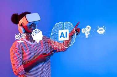 A young woman uses a virtual reality headset, exploring concepts of artificial intelligence and innovation, illustrating the future of immersive technology and creativity. XDMCP