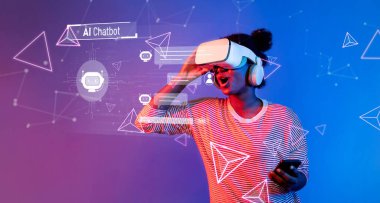 A user interacts with a virtual reality headset while exploring AI chatbot technology, showcasing the fusion of innovative digital experiences with personal assistance. XDMCP