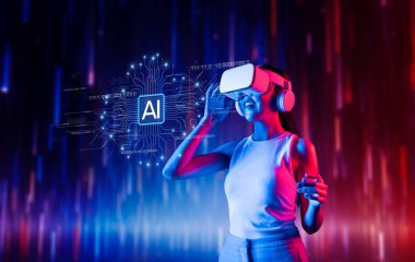 A woman interacts with generative AI technology through a virtual reality headset, showcasing a blend of innovation and immersion in a futuristic digital landscape. XDMCP