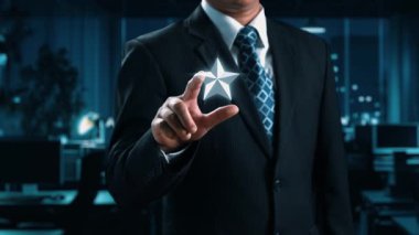 A business professional stands confidently in a modern office, showcasing a five-star rating with feedback speech bubbles, symbolizing effective customer satisfaction and trust. Qubit