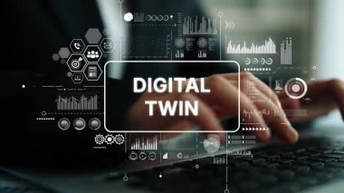 Modern ofis ortamında Dijital İkiz Teknolojisi, Veri Görselleştirme ve Yenilik Konsepti ile Profesyonel Etkileşim. Asemptotik akıllı veri analitiği.