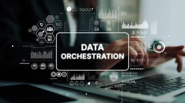 Modern Çalışma Yönetimi Verimliliği için Dijital Arayüz ve İş Ölçüleri ile Veri Orkestrasyonu Kavramı. Asemptotik akıllı veri analitiği.