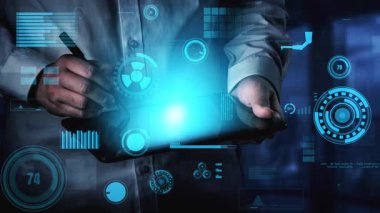 A professional in healthcare holds a digital tablet displaying interactive data visualization elements, representing innovative technology in modern health monitoring and analysis. Xenic