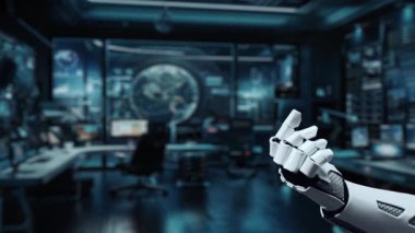 A robotic hand showcases the concept of artificial intelligence with digital icons in a sophisticated tech environment, symbolizing innovation and future advancements. Auvana