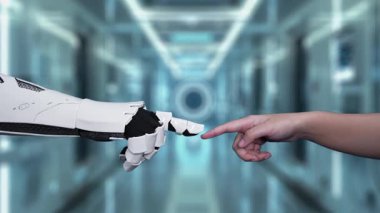 Robot ve insan elini uzatıyor ve parmağıyla beyin simgesini havada yüzdürüyor. Laboratuvar geçmişi bulanıklaşırken robot el ve insanın birlikte çalışmasını engelle. Sağlıklı..