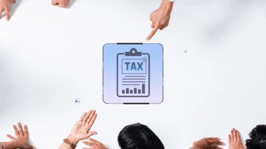 A diverse group of professionals collaborates around a table, focusing on tax documents and financial strategies, emphasizing teamwork and modern business practices. Raster
