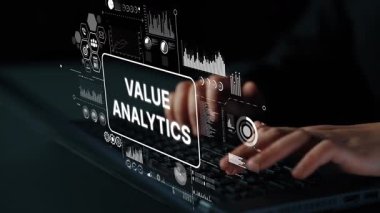Hands Typing on Laptop with Overlay Graphics for Business Value Analytics and Data Visualization Concepts. Asymptotic smart data analytic.