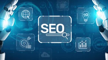 SEO görünürlüğünü geliştirmek için SEO konsepti, SEO ile ilgili dijital araçlar ve SEO performans simgeleri stratejik pazarlama için odaklanmış bir planda gösteriliyor. Muxer