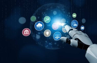 AI, finansal, analitik ve modern endüstrilerdeki güvenli bulut platformları gibi kilit hizmetleri temsil edecek iş simgelerinden oluşan dijital bir ekosistem oluşturulması ve görselleştirilmesine yardımcı olmaktadır.