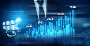 Stratejik planlama ve karar verme kefareti için grafikler ve analizler kullanılarak beş yıl boyunca iş performans eğilimlerinin veri güdümlü projeksiyonunu gösteren yapay zeka tablosu