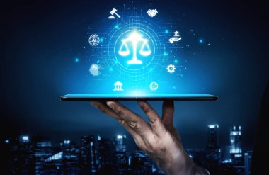 Adalet ölçeğini gösteren fütürist dijital hukuk arayüzü, dijital hukukun altını çizen, AI uyumu, dijital hukuk sistemleri ve güvenli yönetim için dijital hukuk düzenlemeleri. Eğri