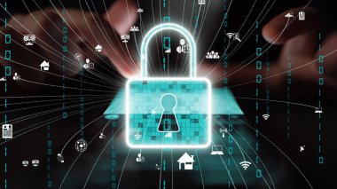 Visual representation of digital security featuring a glowing lock surrounded by various technology icons illustrating online privacy and data protection in a networked environment. Xenic