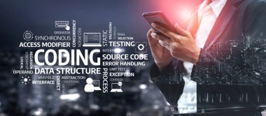 A professional software developer works on a smartphone, surrounded by coding concepts and a stunning urban cityscape at night, showcasing technology and innovation. Tessel