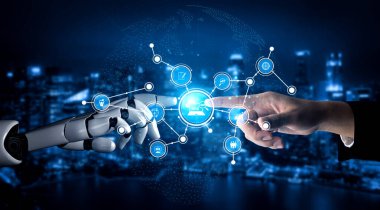 Conceptual image showcasing the interaction between artificial intelligence and humans, with a robotic hand reaching towards a human hand against an urban landscape backdrop. Tessel