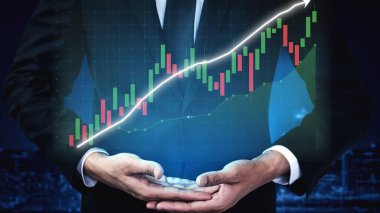 A businessman in a suit holds a rising candlestick chart that symbolizes investment success, analyzing trends and growth in finance against a city backdrop. Copula