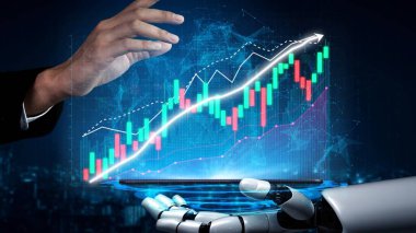 Bu resim teknoloji ve finans entegrasyonunu gösteriyor, bir robotik kol ve borsa grafiğini kontrol eden bir işadamı, yeniliği sembolize ediyor. Copula