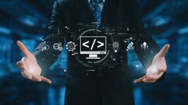 Kodlama sembolleri, web geliştirme süreci, web geliştirme arayüzü ve web geliştirme araçlarını içeren modern web geliştirme kavramı. Elide