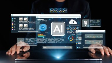 Gelişmiş bir dijital arayüz, çeşitli analitikler, kullanıcı etkileşimleri ve performans ölçümleri içeren, teknolojik yenilikleri vurgulayan yapay zeka uygulamalarını göstermektedir. Dörtgen