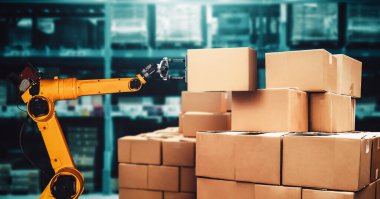 Yenilikçi depo ve fabrika dijital teknolojisi için akıllı robot kol sistemi. İnternet ağına bağlı IOT yazılımı kullanarak endüstri mühendisliği tarafından kontrol edilen otomasyon üretim robotu .