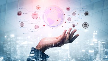 A global business network and digital infrastructure concept. A worldwide connection of services including data, finance, and secure communication. Motif