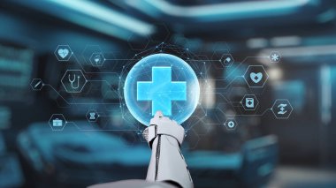 Tıbbi verilere ya da teşhis semptomlarına ulaşmak için robotik el işaretlerini kapatın ve tıbbi çapraz holograma tıklayın. Yapay zeka semptomları analiz ederken robot el çapraz kontrol yapıyor. Sağlıklı..