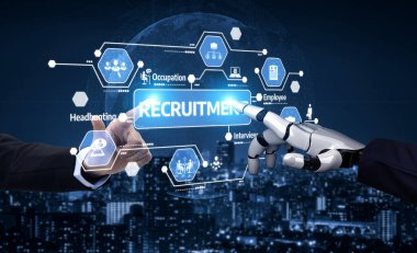 This image illustrates a collaboration between human and robot in a virtual recruitment process, highlighting technological innovations in hiring practices and career development. Tessel