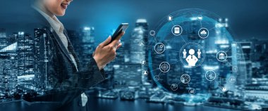 A concept of centralized business management and corporate strategy. A leadership team connecting to all functions like finance, operations, and planning. Motif