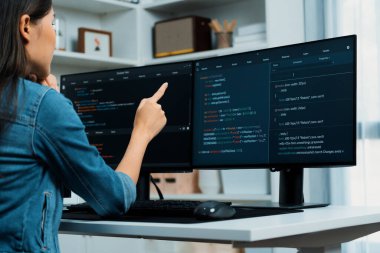 İnternet sitesinde kodlama programı uygulaması olan ve kot gömlek giyen bilgisayar hakkında bilgi veren IT geliştiricisi genç bir Asyalı kız. Güvenlik programlarıyla çevrili iki ekran. Taktik.