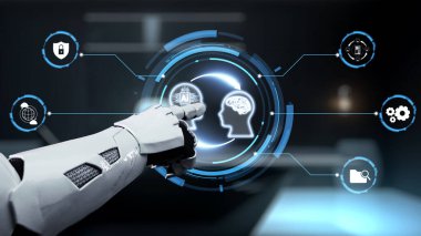 Bir robot kol, teknolojinin ve insan işbirliğinin modern ortamlara entegrasyonunu sembolize eden yapay zeka kavramlarını gösteren dijital bir arayüze bağlanır. Auvana