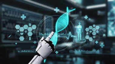 Tıbbi verilere ya da teşhis semptomlarına erişmek için robot ellerle DNA hologramına tıklayın. Yapay zeka semptomları analiz ederken genetik simülasyonda robot el kontrolü. Sağlıklı..