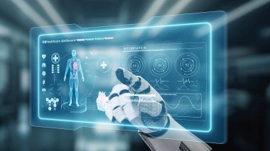 İnsan anatomisini gösteren ve bulanık laboratuvar geçmişine sahip robot el işaretlerini kapat. Robot el, tıbbi verileri teşhis semptomlarına bağlamak için x ray gösterge paneline tıklıyor. Sağlıklı..