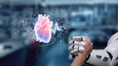 Robot ellerin ve insan ellerinin kalp hologramıyla el sıkışması. Yapay zeka ve insan birlikte çalışabilir ya da bulanık laboratuarlı kalp hologramıyla anlaşma yapabilir. Takım çalışması. Sağlıklı..