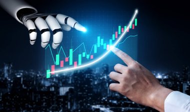 Robotic Hand Interacting with Digital Stock Market Chart and Human Finger Touching Data Visualization Impute.