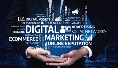 A professional setting showcasing hands holding concepts of digital marketing and advertising, emphasizing modern techniques, strategies, and tools essential for brand growth. Tessel