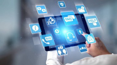 FAQ and online help icons show question, answer, and support system. FAQ improves online help experience, customer service quality, and FAQ knowledge access. Gist