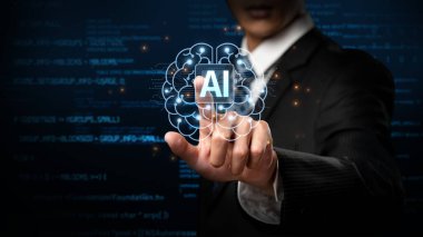 A business professional interacts with innovative AI technology in a futuristic setting, symbolizing the integration of artificial intelligence and data analysis in modern business practices. XDMCP